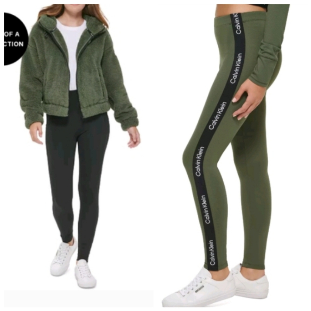 Calvin Klein Performance Teddy Jacket & Logo Tape Leggings Set Thyme